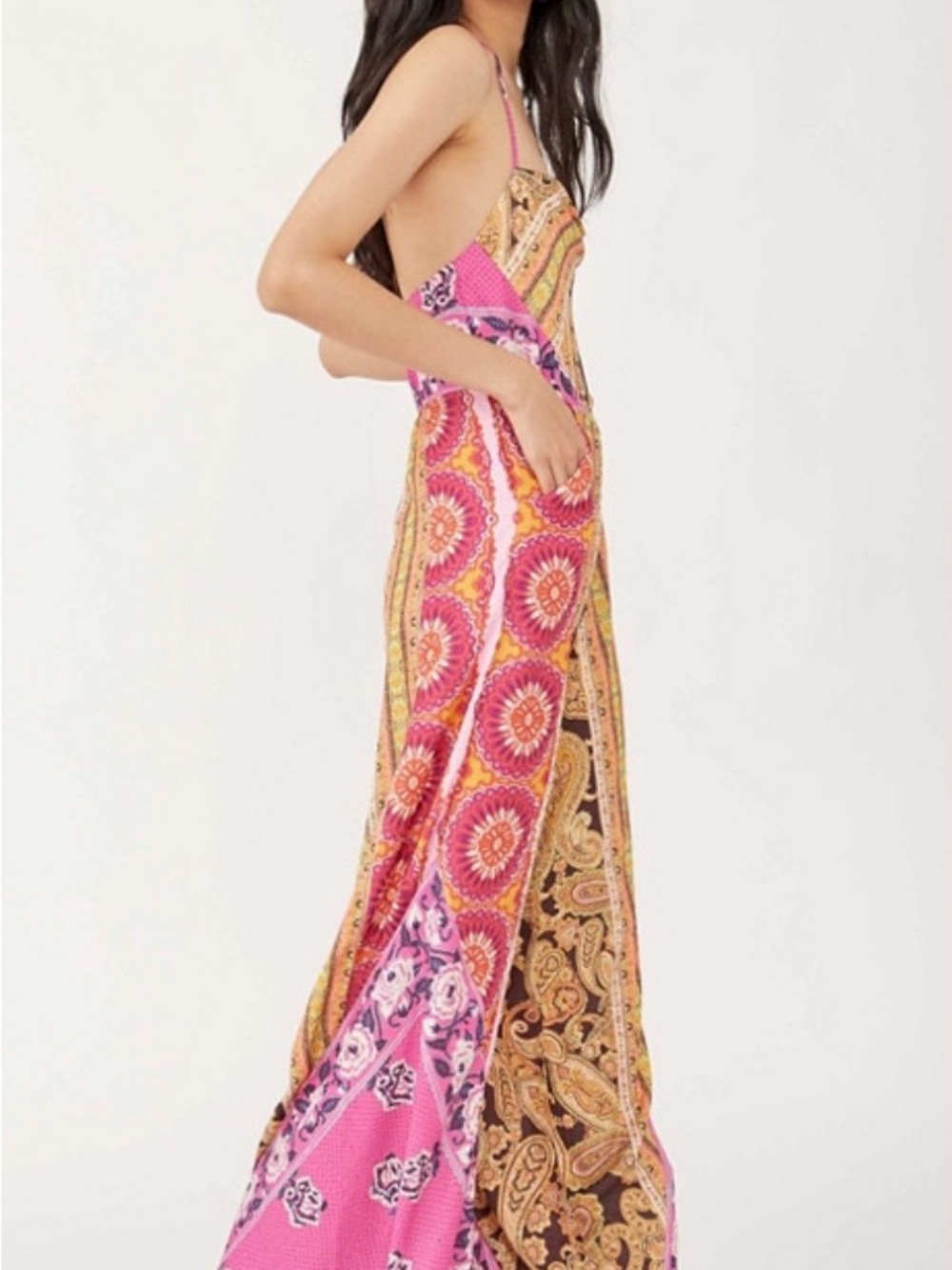 Free People Miranda Pink & Gold Patchwork Maxi Jumpsuit